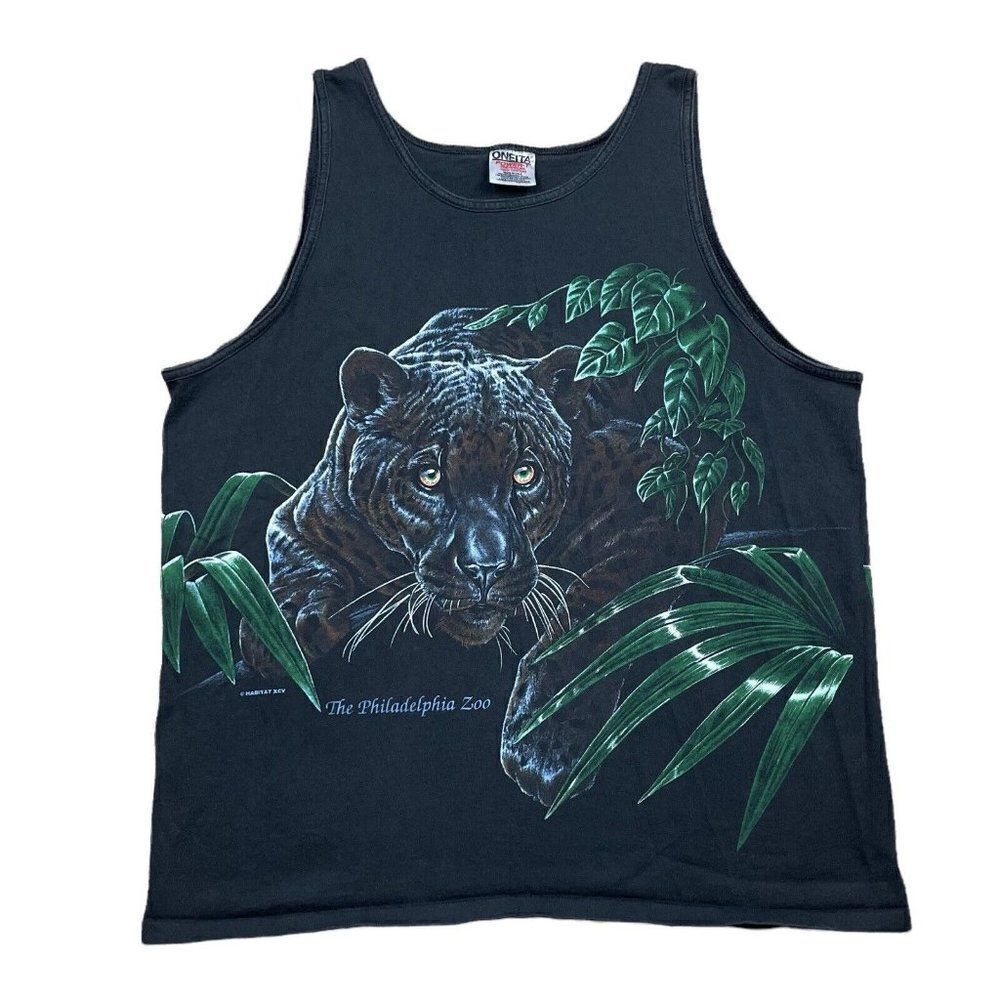 RARE Vintage 1995 Oneita Double Side Philadelphia Zoo Black Panther Mens Tank L